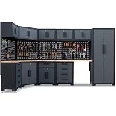 HPDMC 15-Piece Corner Garage Storage Cabinet System - Corner Workshop Set | w/ Corner Cabinet Includes Workbench, Pegboard &amp; Lockable Drawers | Metal Tool Organization System for Garage/Workshop