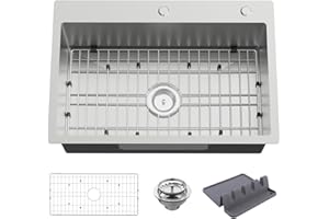 KOARDINK Kitchen And Bar Sink, 27x18 Inch Stainless Steel Drop In Modern Single Bowl Topmount Kitchen And Bar Sink Combo-SS Grid,Spoon Rest,Drain Strainer Set Compatibility With Various Kitchen&Bar Style