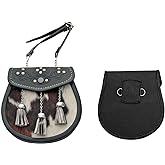 SZCO Medieval Sporran 8 Inch - Tasseled Cowhide Leather Pouch with 3 Tassels - Scottish Kilt Sporran with Chain Belt for Men - Medieval Bag for Costume & Renaissance Accessories
