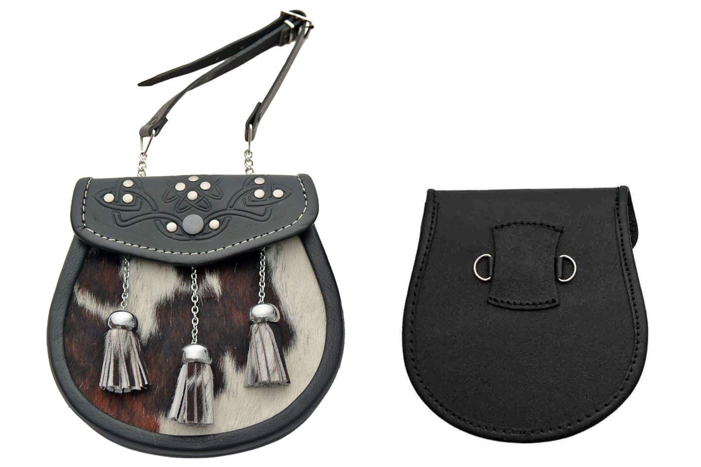 SZCO Medieval Sporran 8 Inch - Tasseled Cowhide Leather Pouch with 3 Tassels - Scottish Kilt Sporran with Chain Belt for Men - Medieval Bag for Costume & Renaissance Accessories