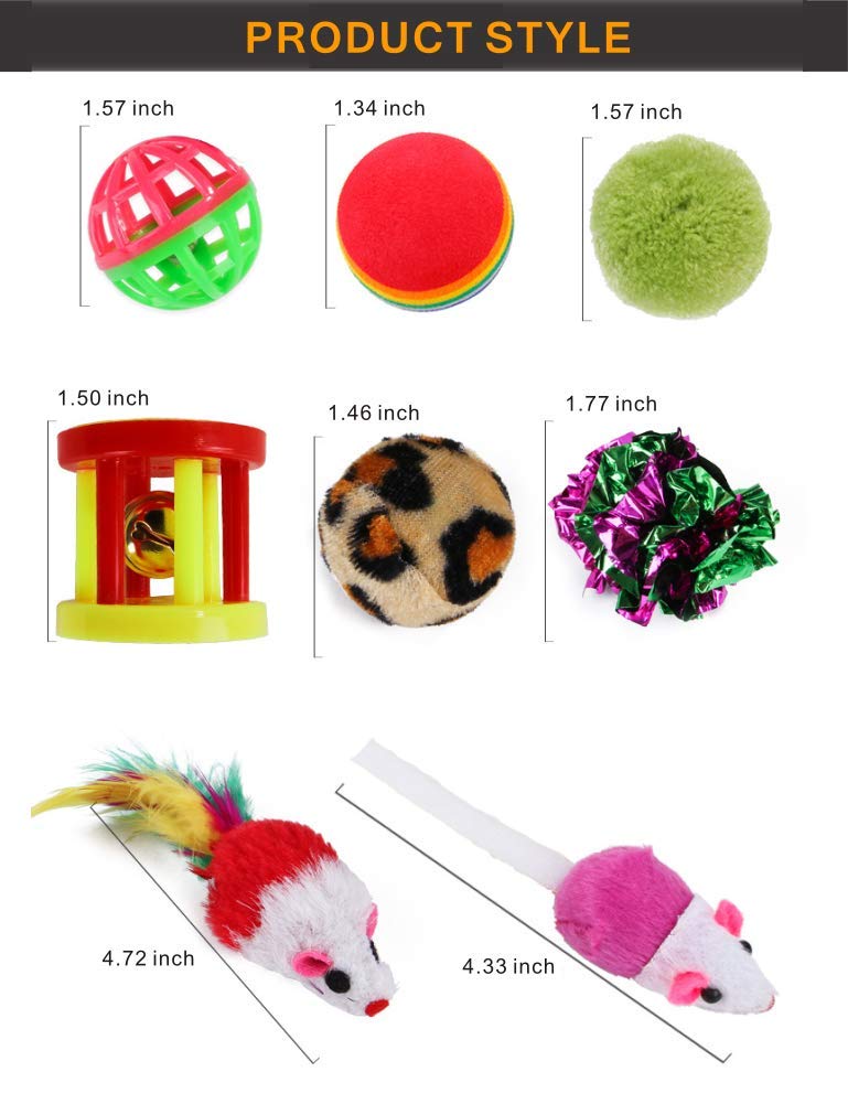 PoPoint 26 pcs Cat Toys Kitten Toys Assortments，Cotton mice Cat Wand Rainbow Ball Bell Ball Crinkle Ball Feather for Cat Puppy Kitten