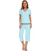 WiWi Bamboo Viscose Pajamas Set for Women Soft Sleepwear Loose comfy Short Tops with Capri Pants Pjs Loungewear S-XXL