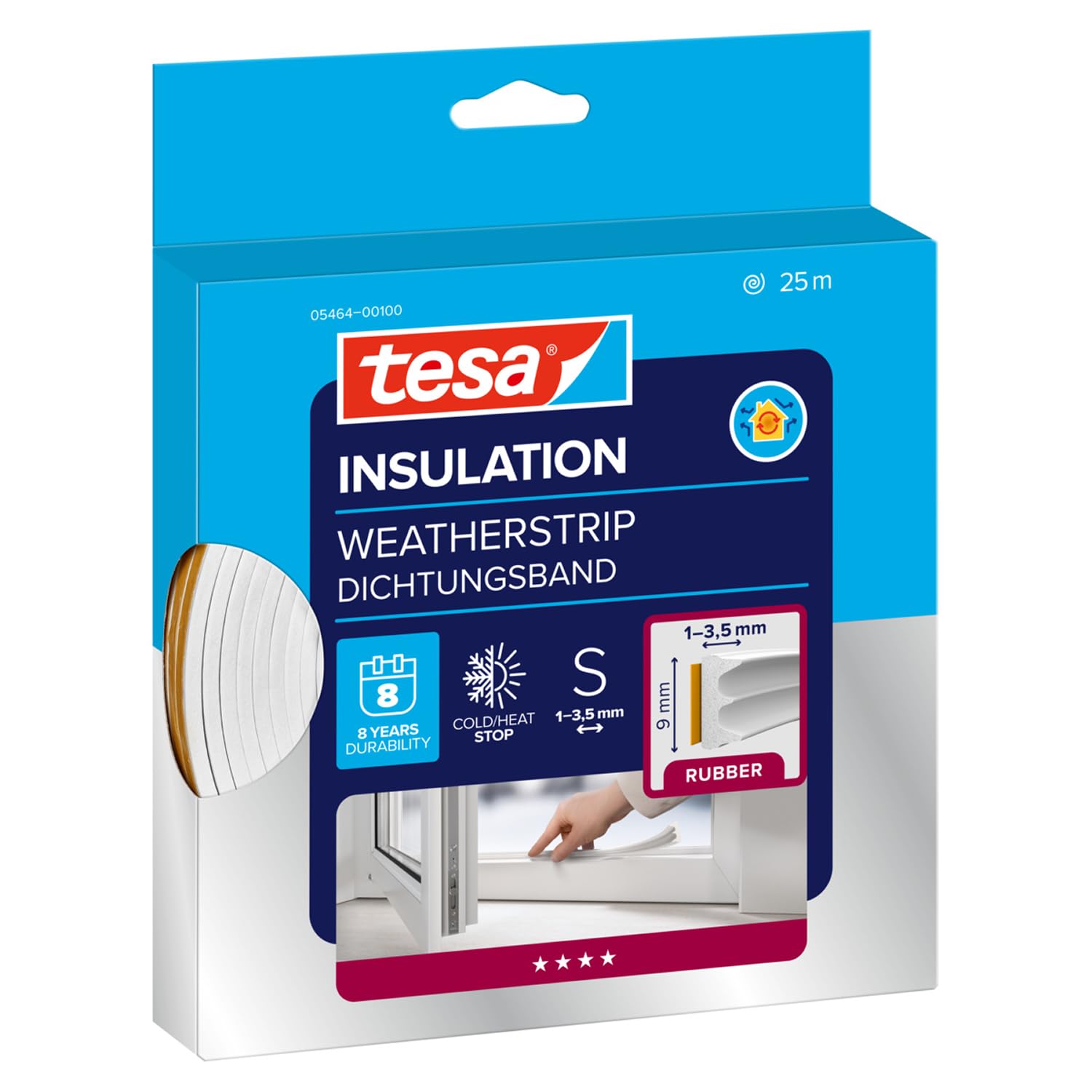 tesa INSULATION Weatherstrip Rubber S - Sealing Tape - Self-adhesive rubber Seal for Insulating gaps on windows and doors - White - 25 m x 9 mm x 4 mm