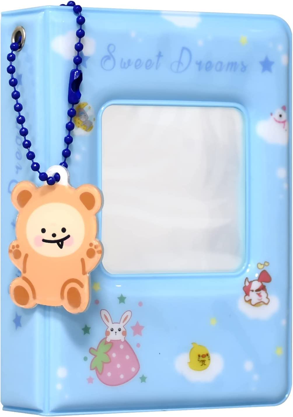 3 Inch Kpop Photocard Binder Holder Book, Mini Photo Album Kpop Photocard Binder, Square Hollow Photo Card Holder Kpop Album 40 Pockets with Lovely Pendant for Photo Collection (Blue)
