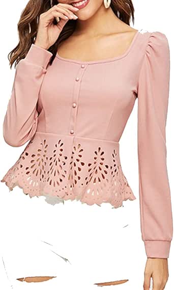 Pink Button up Hollow Out Square Hem Puff Sleeve Blouse Women Tops and Blouses Spring Elegant 