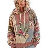 Epanus Women's Vintage Patchwork Floral Hoodie Boho Retro Oversized Drawstring Hood Casual Pullover Sweatshirt