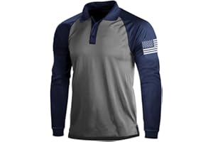 H HYFOL Long Sleeve Polo Shirts for Men Graphic Stretch Casual American Patriotic Raglan Golf Polos for Men