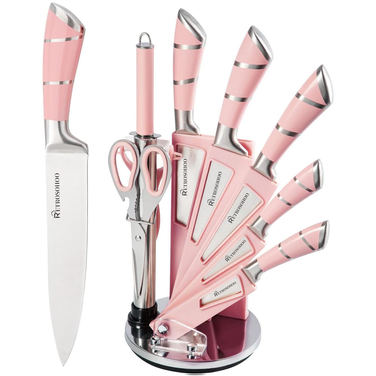 Photo 1 of Kitchen Knife Set, Retrosohoo 9-Pieces Pink Sharp Non-Stick Coated Chef Knives Block Set,Stainless Steel Knife Set for Kitchen with Sharpener for Cutting Slicing Dicing Chopping (Pink)