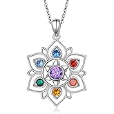 FLYOW 7 Chakra Necklace 925 Sterling Silver Lotus Flower Rainbow Stones Yoga Chakra Energy Balance Pendant Jewelry Christmas Gifts for Women Spiritual Healing