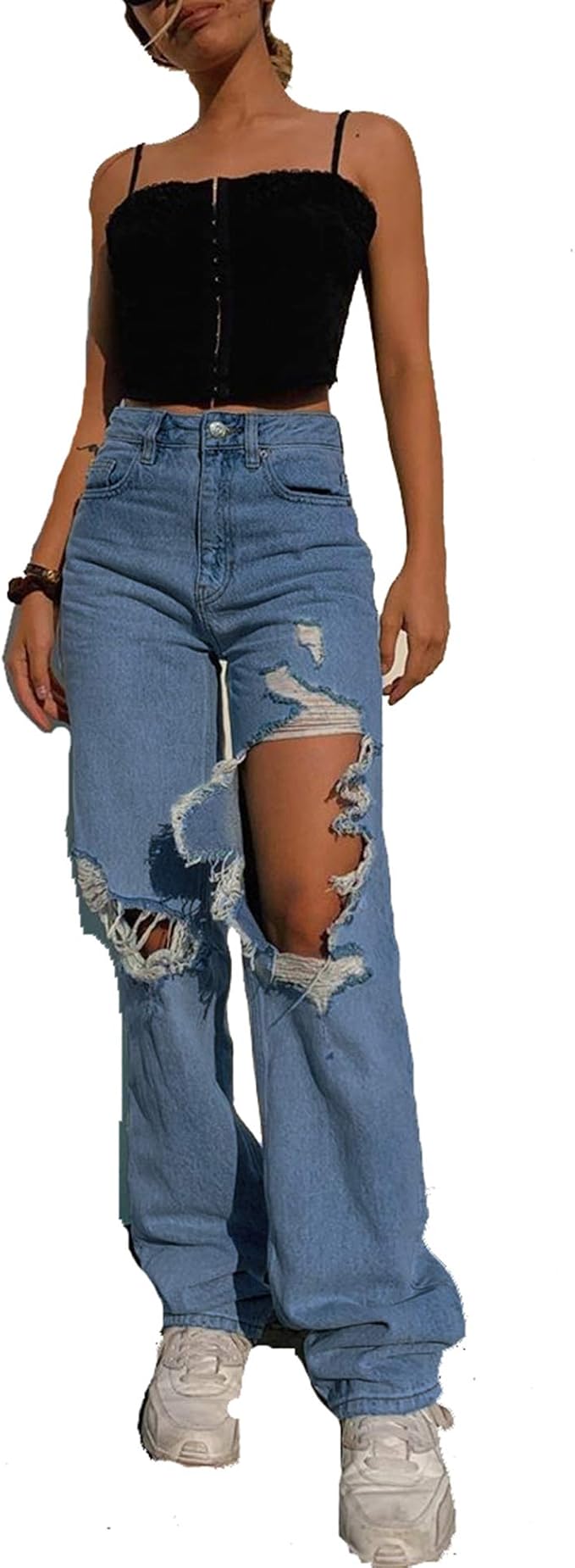 LOSIBUDSA Women Ripped Jeans High Waist Wide Leg Straight Denim Pants