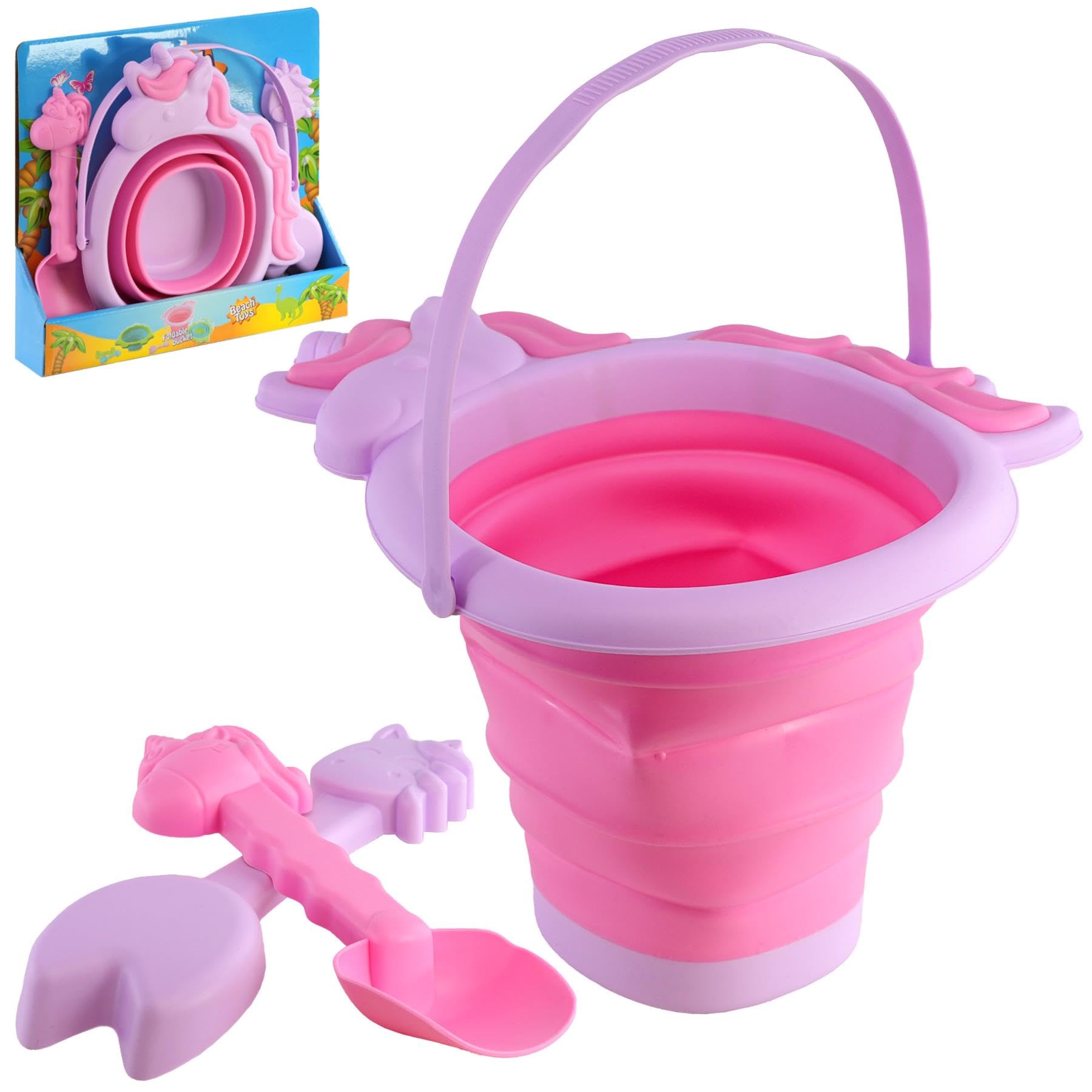 The Magic Toy Shop Pool Toys Play Sand Pit Kits Beach Bucket and Spade Set for Kids Pink Unicorn Shaped Collapsible Foldable Plastic Bucket Outdoor
