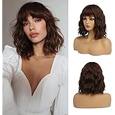 EssionTech Short Chocolate Brown Wigs for Women Dark Brown Wavy Bob Wig with Bangs Medium Lenth Synthetic Natural Hair Wigs for Daily Party Use(14 Inch)