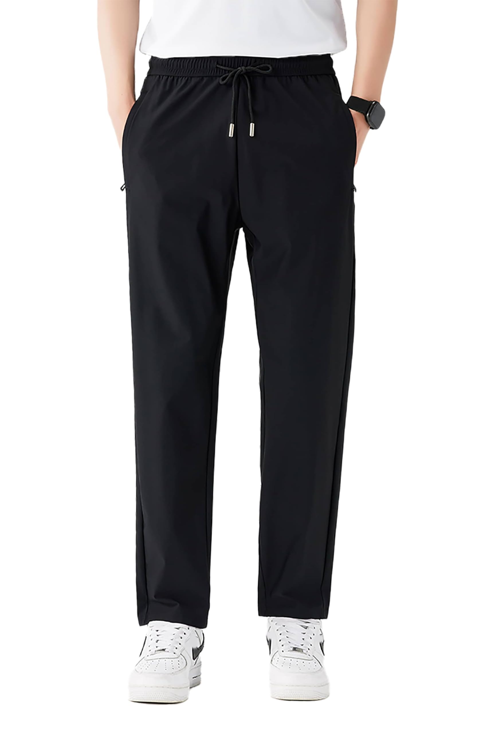 Photo 1 of AbleTree Stretch Casual Pants for Short Men 27 28 Inch Inseam Texture Athletic Cool Touch Straight Fit Ripstop Joggers Zip Pockets Black