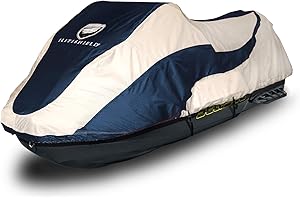 EliteShield Trailerable Jet Ski Cover, Heavy Duty Waterproof Marine Grade 600D Solution-Dyed Polyester PWC Cover, Fits from 136 Inches to 145 Inches 3 Seater, Two Tone Navy/Gray Color