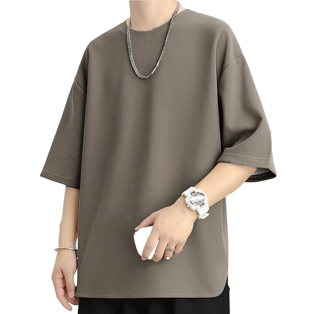Yezai Men's Short Sleeve T-Shirt, Summer Clothing, Cool to Touch, Oversize, Breathable, Sweat Absorbent, Quick Drying, 3/4 Sleeve, Loose, Large Size, Solid Color, Tops