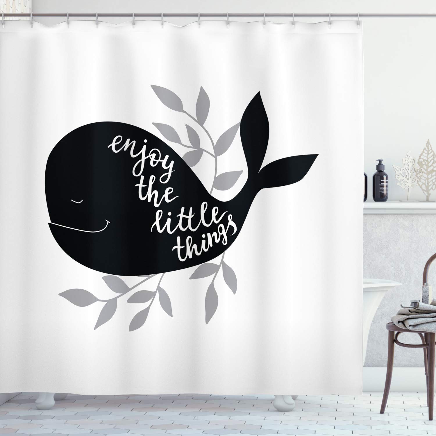 ABAKUHAUS Enjoy the Little Things Shower Curtain, Ocean Whale Silhouette with Leaves Brush Lettering, Cloth Fabric Bathroom Decor Set with Hooks, 175 x 220 cm, Pale Grey White — image 1