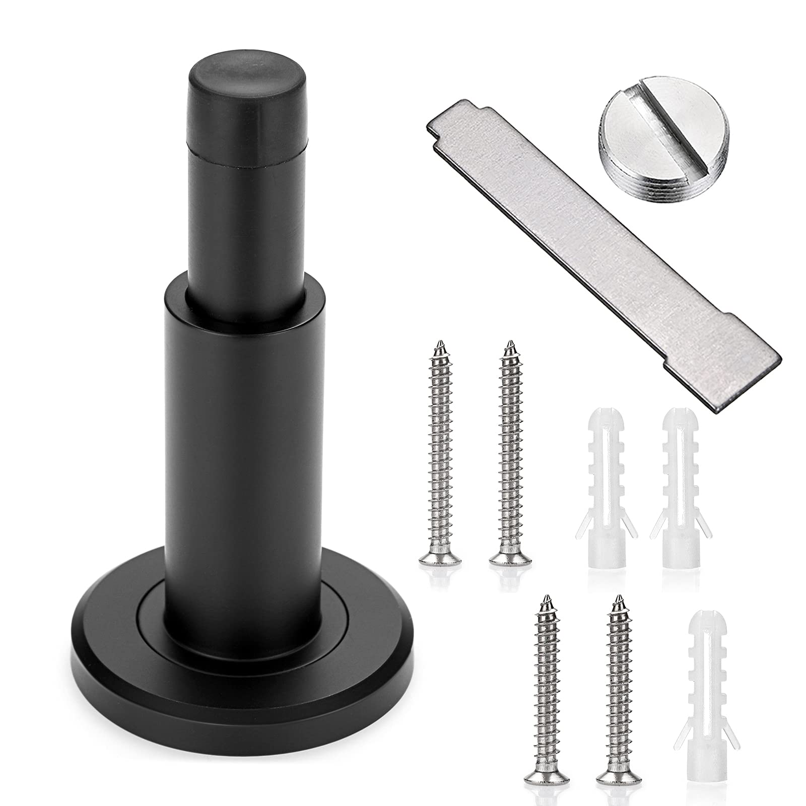 IGNPION Adjustable Door Stop Heavy Duty Stainless Steel Door Stopper Adjustable Length Wall Mounted Door Holder Stop with Rubber Buffer, Black