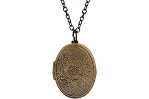 Vintage Engraved Flower Empaistic Photo Locket Hold Picture Oval Round Pendant Necklace Antique Carved Pattern Souvenir Memor