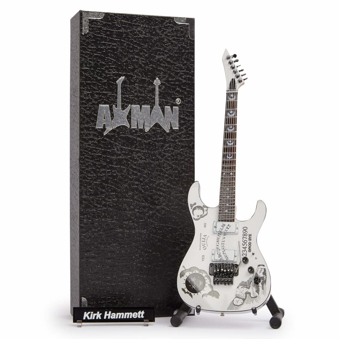 Kirk Hammett: White Ouija - Miniature Guitar Replica - Music Gifts - Handmade Ornamental 1/4 Scale - Includes a Display Box, Name Tag and Miniature Guitar Stand
