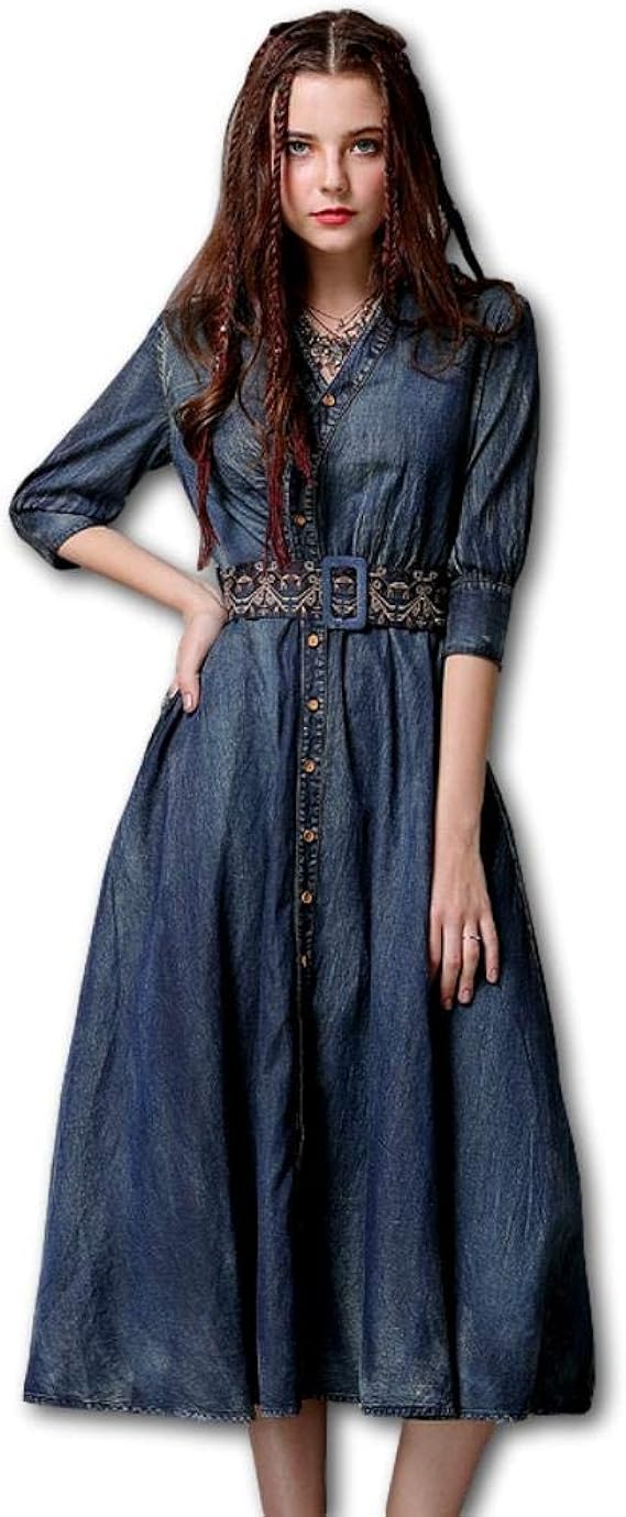 Amazon Co Jp ジズル Zizzle レディース デニム 刺繍 ワンピース ブルー 膝丈 ボヘミアン ファッション 向け M 服 ファッション小物