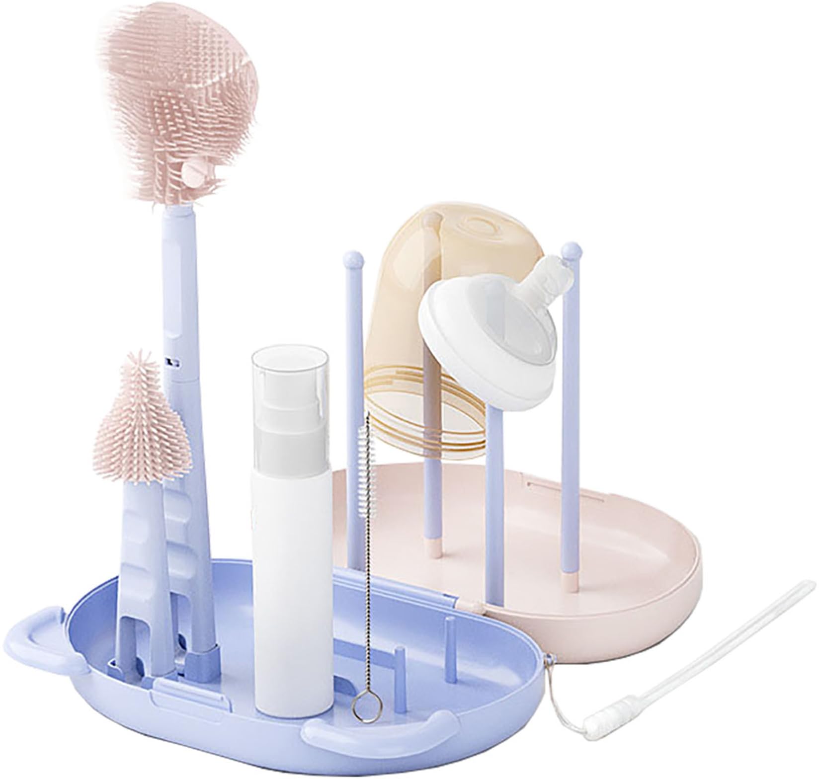 Hoerev Portable Baby BPA-Free Bottle Brush Set Include Pacifier Brush, Straw Brush, draining Rack, Portable Box, Pink