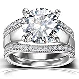 Platinum Plated Bridal Set - Round Cut Cubic Zirconia Rings Women Engagement Ring Set with Wedding Band