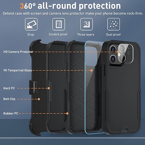 Xmon Case for iPhone 12 and 12 Pro, Heavy Duty Rugged Case Belt Clip  Holster Kickstand Protective Cover [Shock