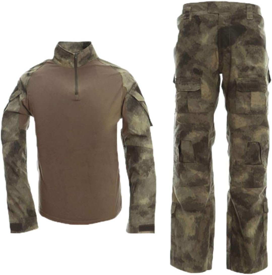 Men Combat T Shirt and Pant Set 1/4 Zip Camo Military Tactial Uniform with Long Sleeve BDU Airsoft Hunting Shirt