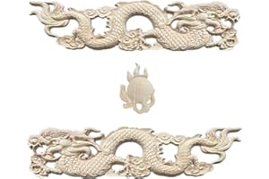3pcs Wood Carved Onlay Applique Unpainted Furniture Chinese Traditional Dragon Light Door Decors for Cabinets Windows Cupboar