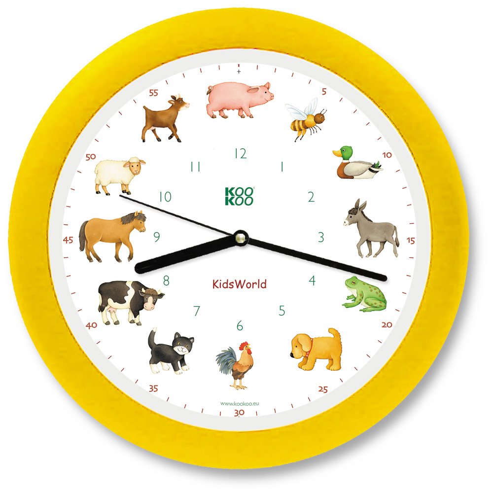 KOOKOO KidsWorld Yellow, genuine wall clock with natural sounds, 12 farm animals