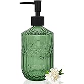 14 oz Green Glass Soap Dispenser with Black Rust Proof Pump, Kitchen and Bathroom Refillable Soap Dispenser for Hand soap, Lotion, Body Wash