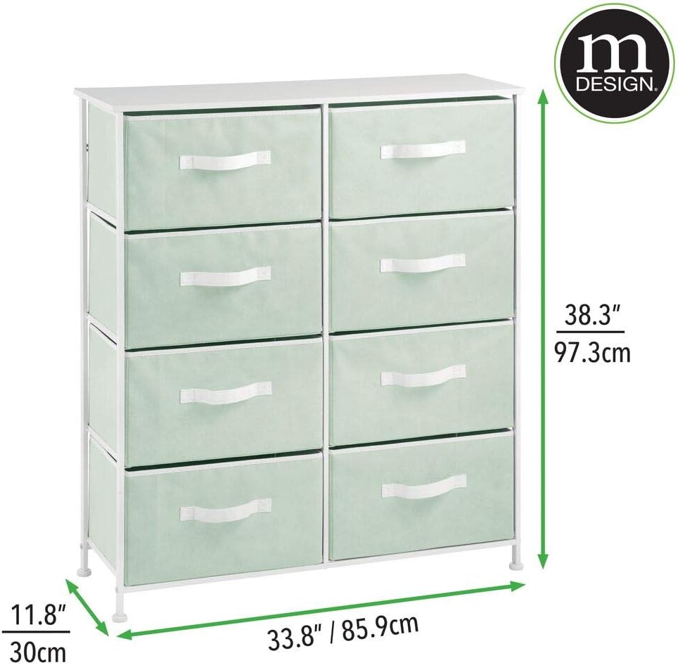 mDesign 8-Drawer Furniture Storage Tower - Sturdy Steel Frame, Easy Pull Fabric Bins - Organizer Unit for Kid's Bedrooms, Playrooms, Nurseries - Mint/White: Furniture & Decor