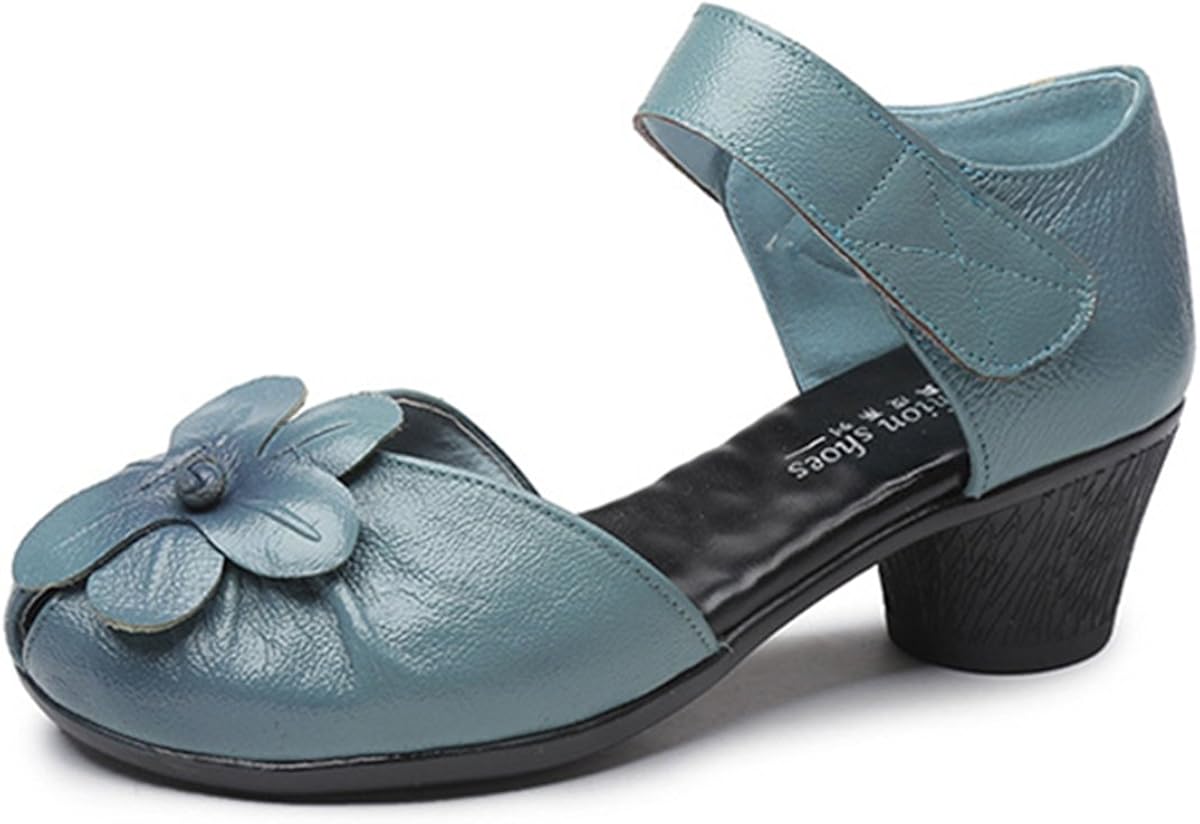 Amazon.com | Socofy Soft Leather Sandals, Retro Fashion Flower Block Hoop Loop Comfortable Round 
