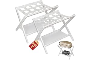 BETSEO Luggage Rack for Guest Room, Folding Suitcase Stand for Guest Room with Storage Shelf for Hotel/Guest/Bedrooms, Heavy-Duty Holds up to 130Lbs, Upgraded Suitcase with 7 Nylon Straps with A Grid Pattern (White Color - Pack of 2)