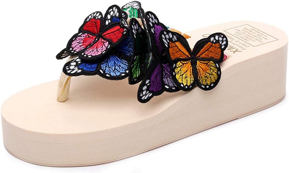 MISTU Women's Bohemian Butterfly Platform High Heel Flip Flops Anti-Slip Summer Beach Thong Wedge Sandals