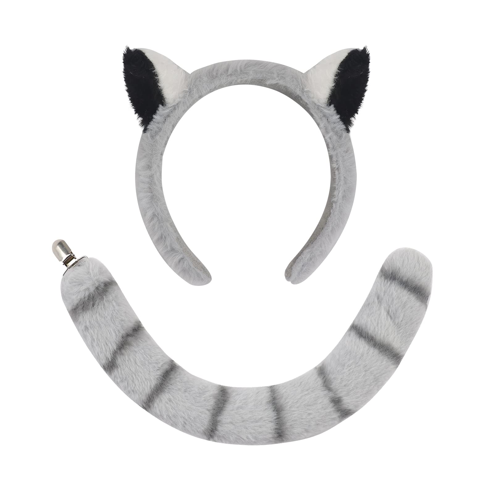 OhMill 2 PCS Lemur Costume Adult Lemur Ears and Tail Set Lemur Tail Animal Tails for Adults Halloween Animal Costume Set