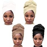Youme Head Wrap Scarf Stretch Jersey Turban Headwraps African Head Wraps Breathable Soft Hair Wrap for Black Women, Black+Light Brown+ Beige+White, Large