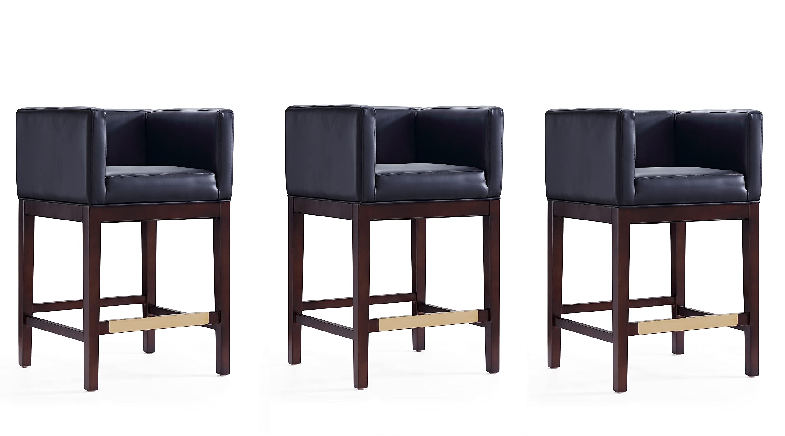 Photo 1 of **1 piece**Manhattan Comfort Kingsley 26 Inch Modern Counter Height Bar Stools - Faux Leather Padded Seat, Classic Club Chair Design, Beech Wood Base with Footrest, Fully Assembled Barstools, Set of 3, Black