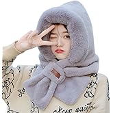 Womens Winter Warm Hoodie Hat, 3 in 1 Soft Thick One-Piece Plush Hat Scarf Windproof Ear Face Protection Hat for Outdoor