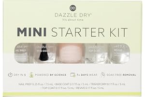 Dazzle Dry Complete Starter Mini Kit | Step 1 - Nail Prep, Step 2 - Base Coat, Step 4 - Top Coat, Transform - Ridge Filler & Revive - Polish & Top Coat Thinner.