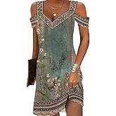 LOVESHOOT Women Cold Shoulder Dress 2025 Summer Casual Elegant Boho Floral V Neck Vintage Dresses for Beach Vacation