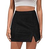 JPGLOV Womens Faux Suede Short Skirts Zipper High Waist Bodycon A-Line Side Split Mini Skirt