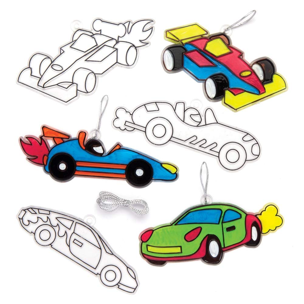 Baker Ross AW572 Racing Car Suncatchers, Glass Painting Kits for Kids, Clear, Pack of 8, Pieces