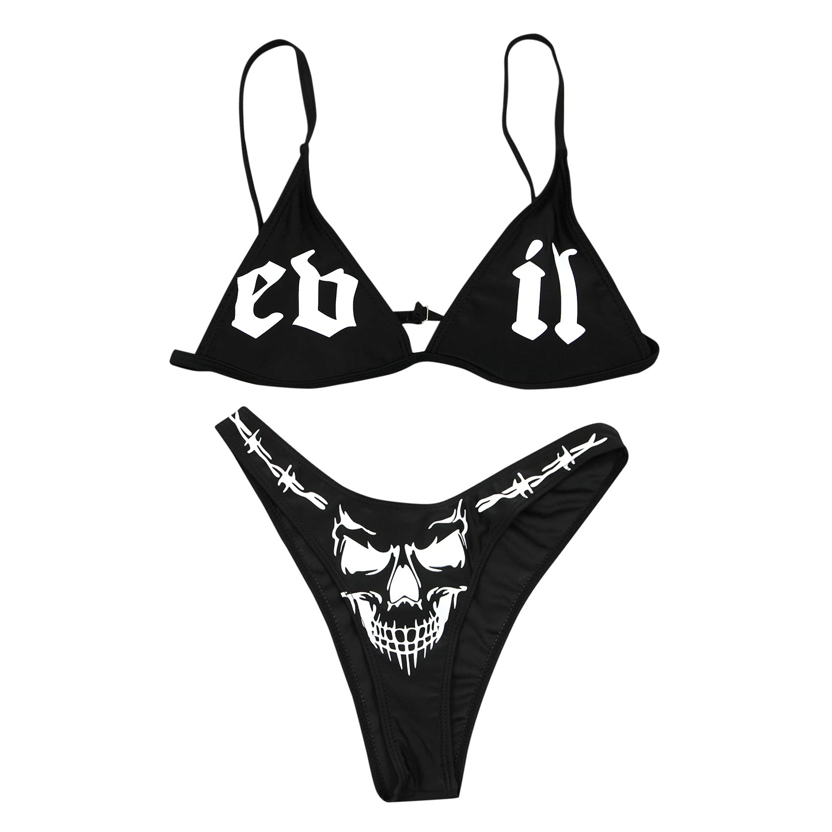 Photo 1 of JUMISEE Women Skull Letter Pattern Goth Bikini Set 2 Piece High Waist Bandeau Swimsuit- L