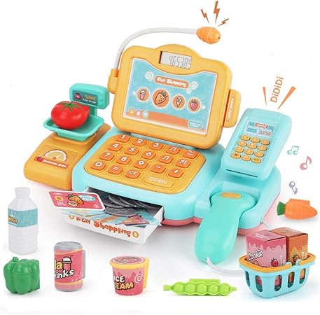 Amazon お店屋さんqunqene レジスターおもちゃ 英語版 スキャンでおしゃべり マジカル ショッピング マート お買い物 おもちゃ 女の子 男の子 イエロー Cash Register For Kids お店屋さん おもちゃ