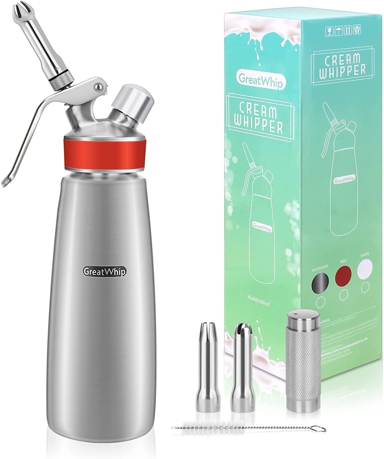 GreatWhip Whipped Cream Dispenser Stainless Steel, Professional Grade Cream Whipper 500ml / 1 Pint Whip Cream Maker 3 Decorating Nozzles & Cleaning Brush