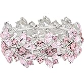 Lavencious Intricate Leaf Design Crystal Stretch Bracelet Bridal Wedding Jewelry for Women 7"