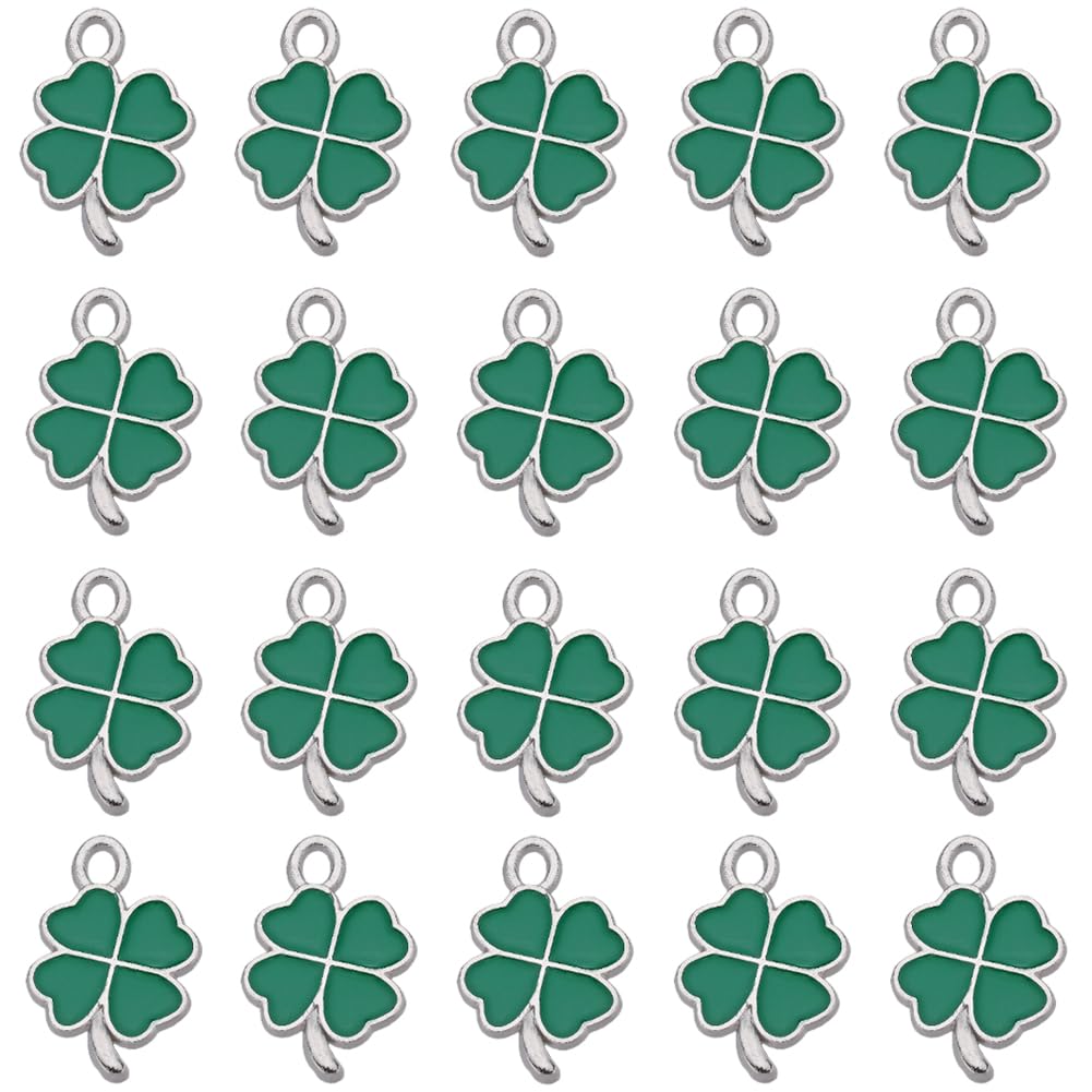 SUNNYCLUE 1 Box 60Pcs Enamel Four Leaf Clover Charms Lukcy Charms Green Shamrock Charm Irish Plant Good Luck Silver Four Leaves Clover Charm St Patrick Day Charms for jewellery Making Charms