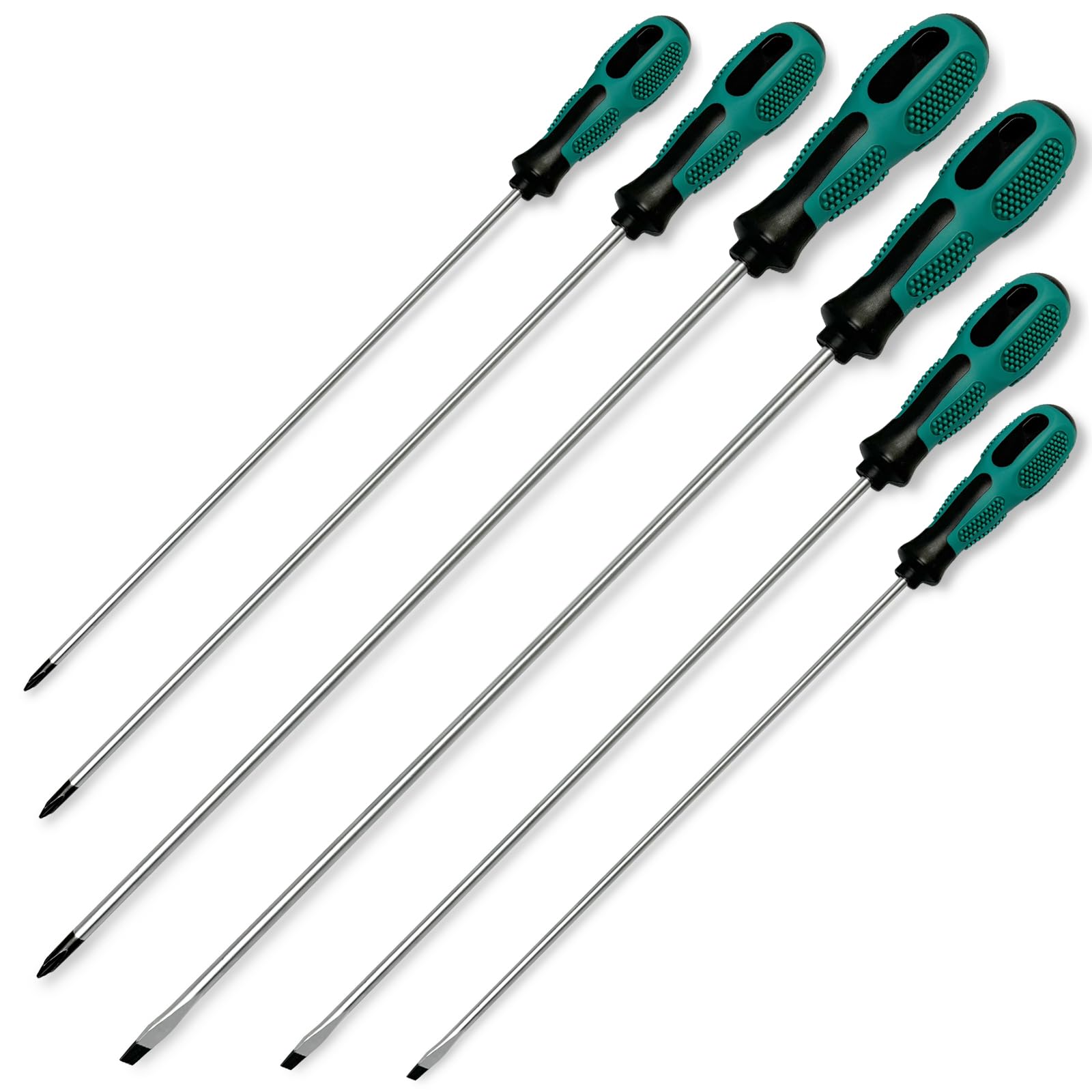 WAIZHIUA 6 Piece Long Screwdriver Set - 3 Flat & 3 Cross Heads with Extra Long Reach (3 Sizes), Professional Magnetic Slotted Phillips Screwdrivers, Ergonomic Soft Grip Handles