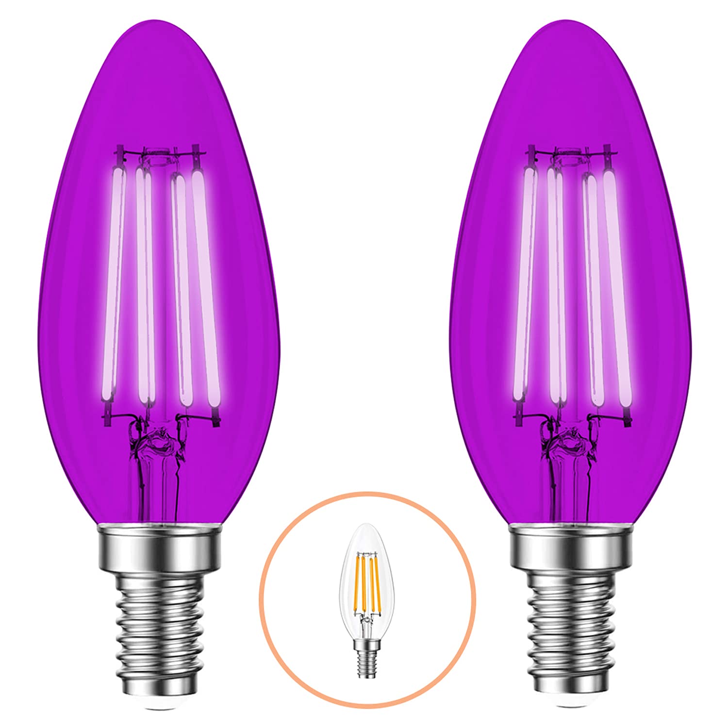 Photo 1 of 2 Pack E12 Filament LED Purple Light Bulbs – E12 Candelabra Bulb 4W 40 Watt Equivalent - Vintage Lighting Purple LED Bulb Party Decoration, Porch, Halloween Light Bulbs
